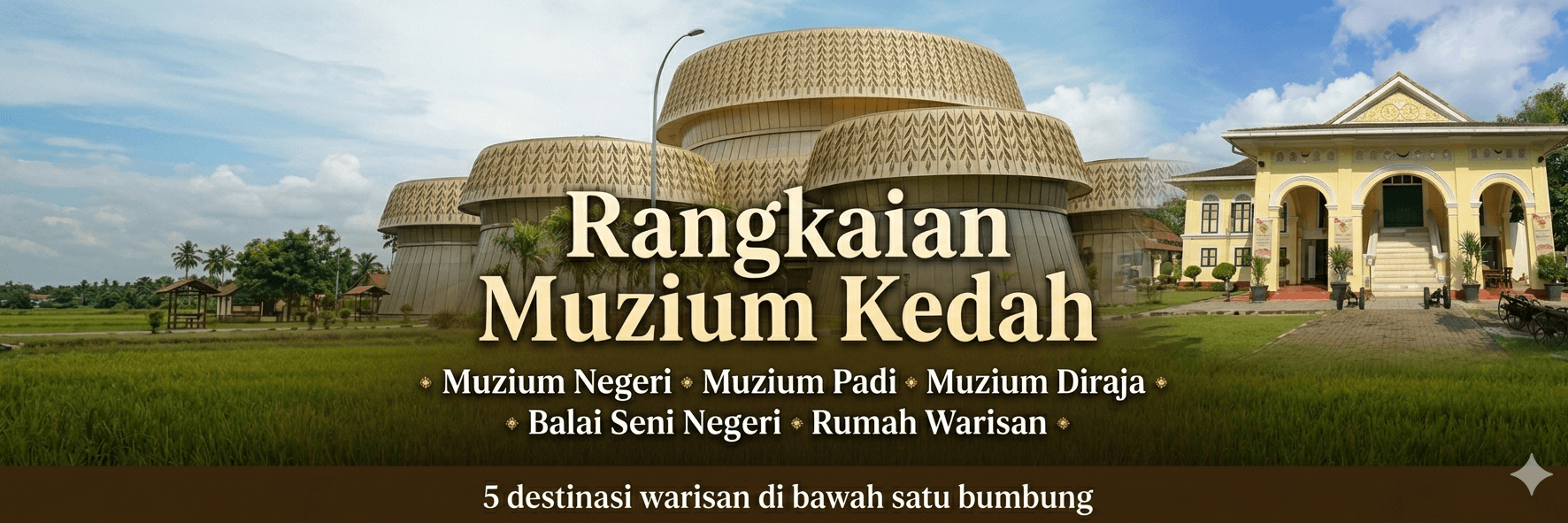 Rangkaian Muzium Kedah — Muzium Negeri, Muzium Padi, Muzium Diraja, Balai Seni Negeri dan Rumah Warisan.